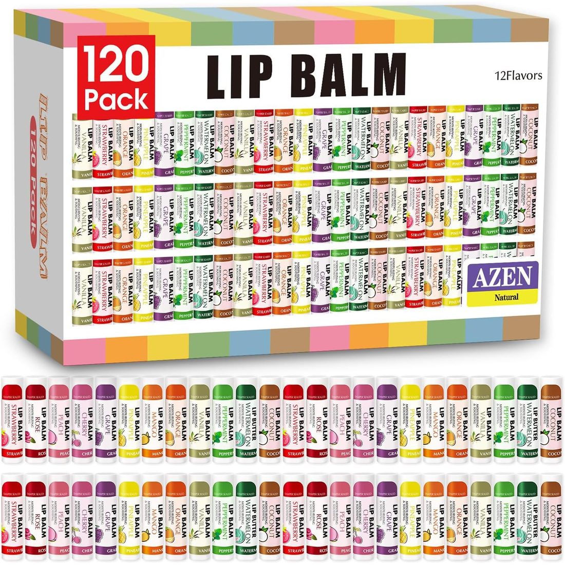 AZEN Natural Lip Balm, 12 Flavors · 120 Pack