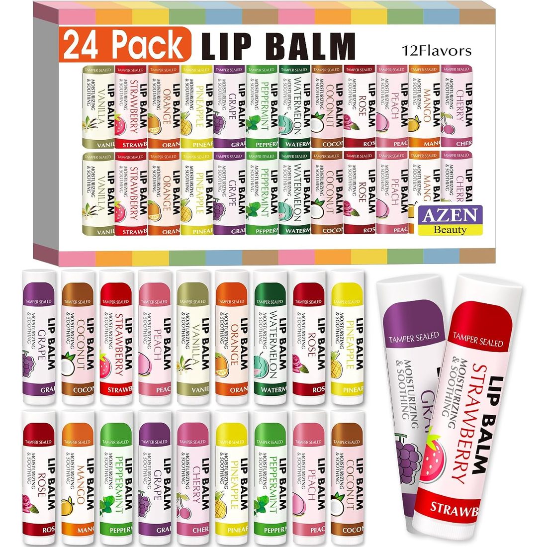 AZEN Natural Lip Balm, 12 Flavors · 24 Pack