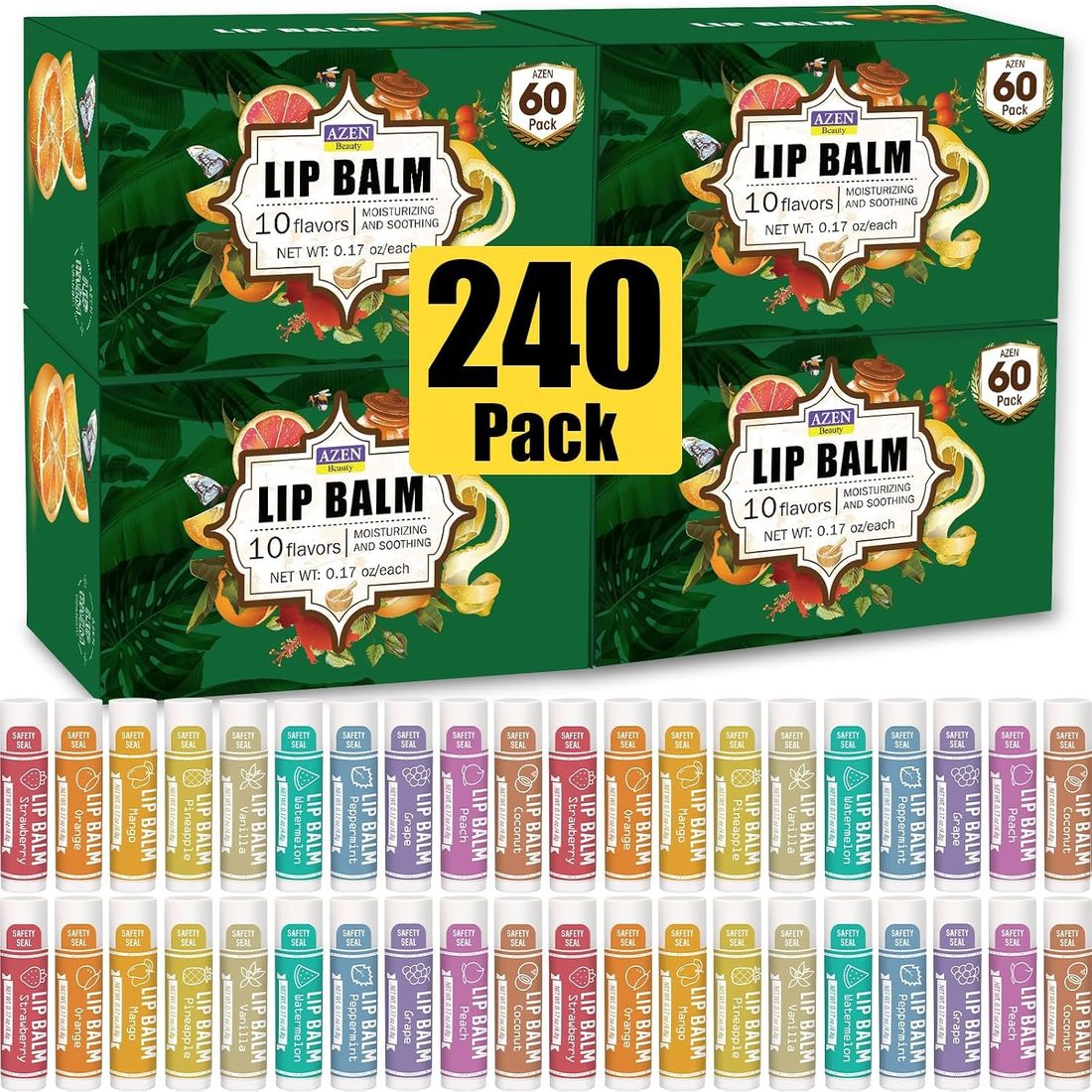 AZEN Natural Lip Balm, 10 Flavors · 240 Pack