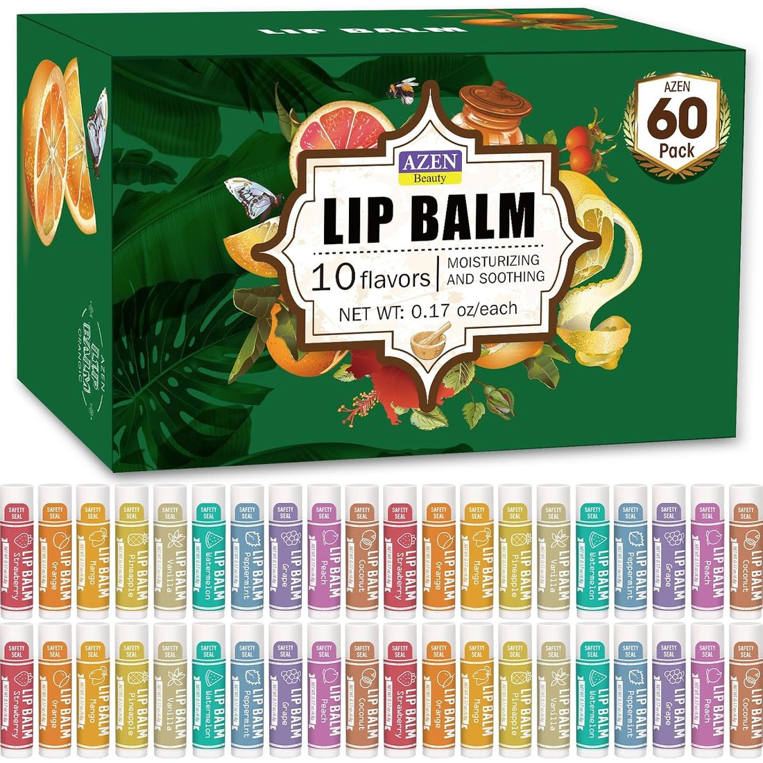 AZEN Natural Lip Balm, 10 Flavors · 60 Pack