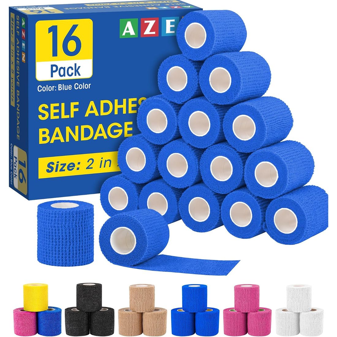 AZEN Self-Adhesive Bandage Wrap, 2 in · 16 Pack, Blue