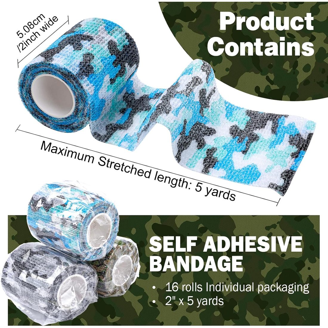 AZEN Self-Adhesive Bandage Wrap, 2 in · 16 Pack Camo, view 2