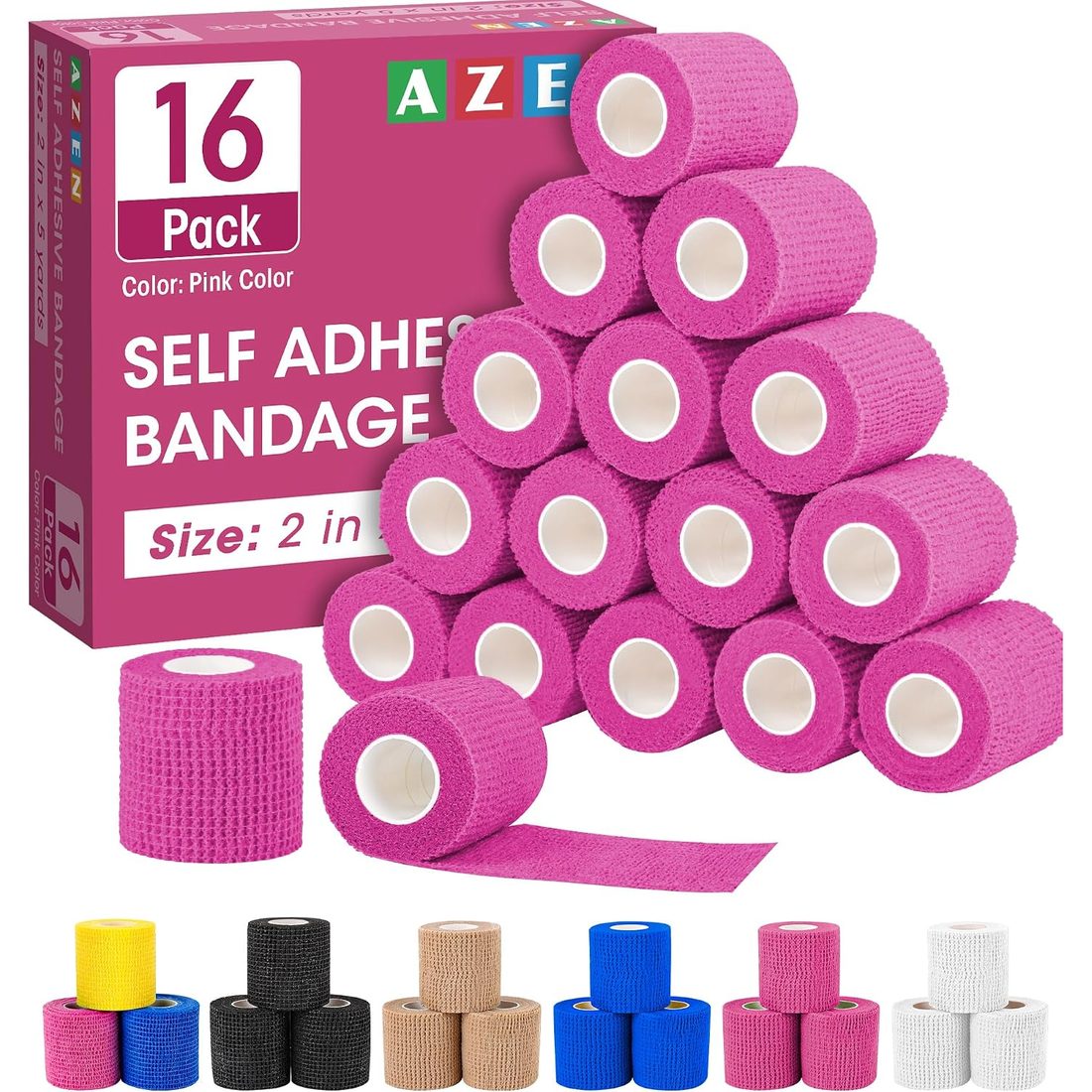 AZEN Self-Adhesive Bandage Wrap, 2 in · 16 Pack Pink