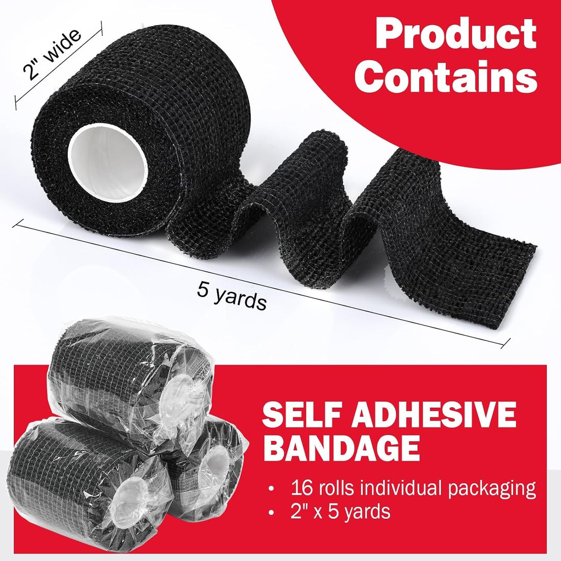 AZEN Self-Adhesive Bandage Wrap, 2 in · 16 Rolls · Black, view 2