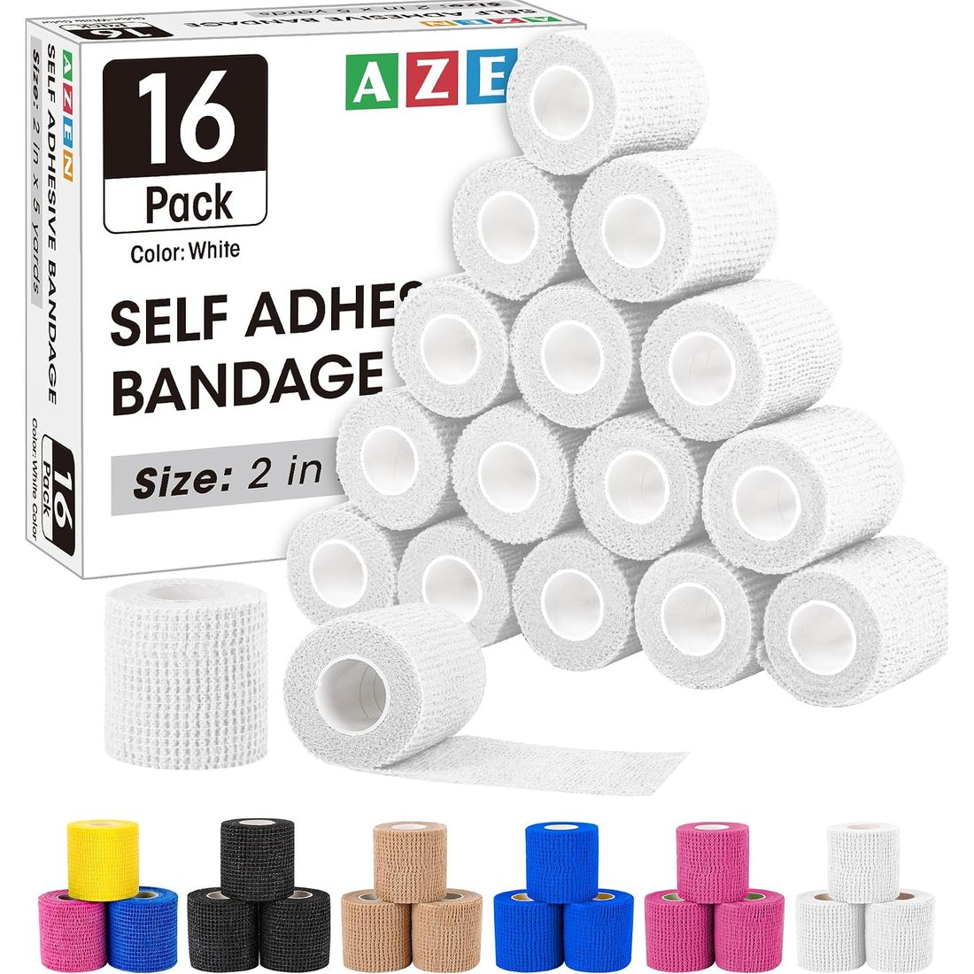 AZEN Self-Adhesive Bandage Wrap, 2 in · 16 Rolls · White
