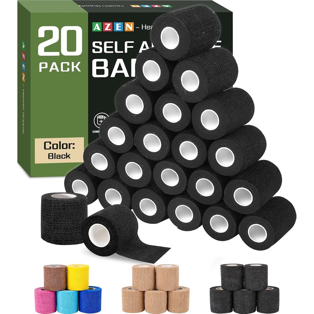 AZEN Self-Adhesive Bandage Wrap, 2 in · 20 Pack, Black