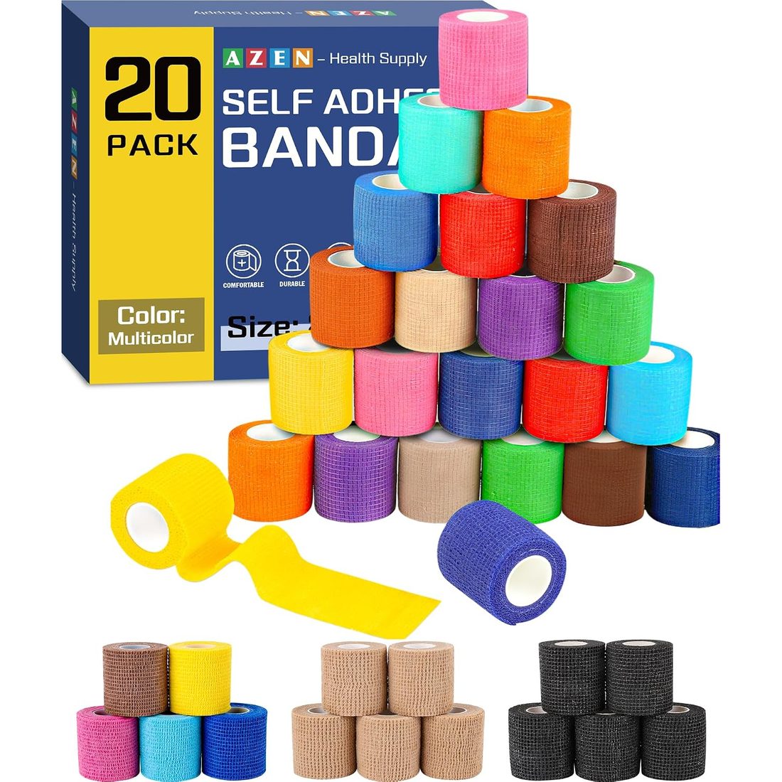 AZEN Self-Adhesive Bandage Wrap, 2 in · 20 Rolls · Assorted Colors