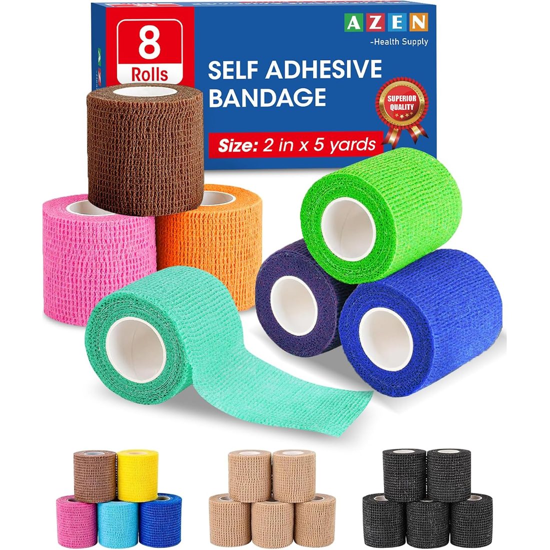 AZEN Self-Adhesive Bandage Wrap, 2 in · Assorted Colors · 8 Pack