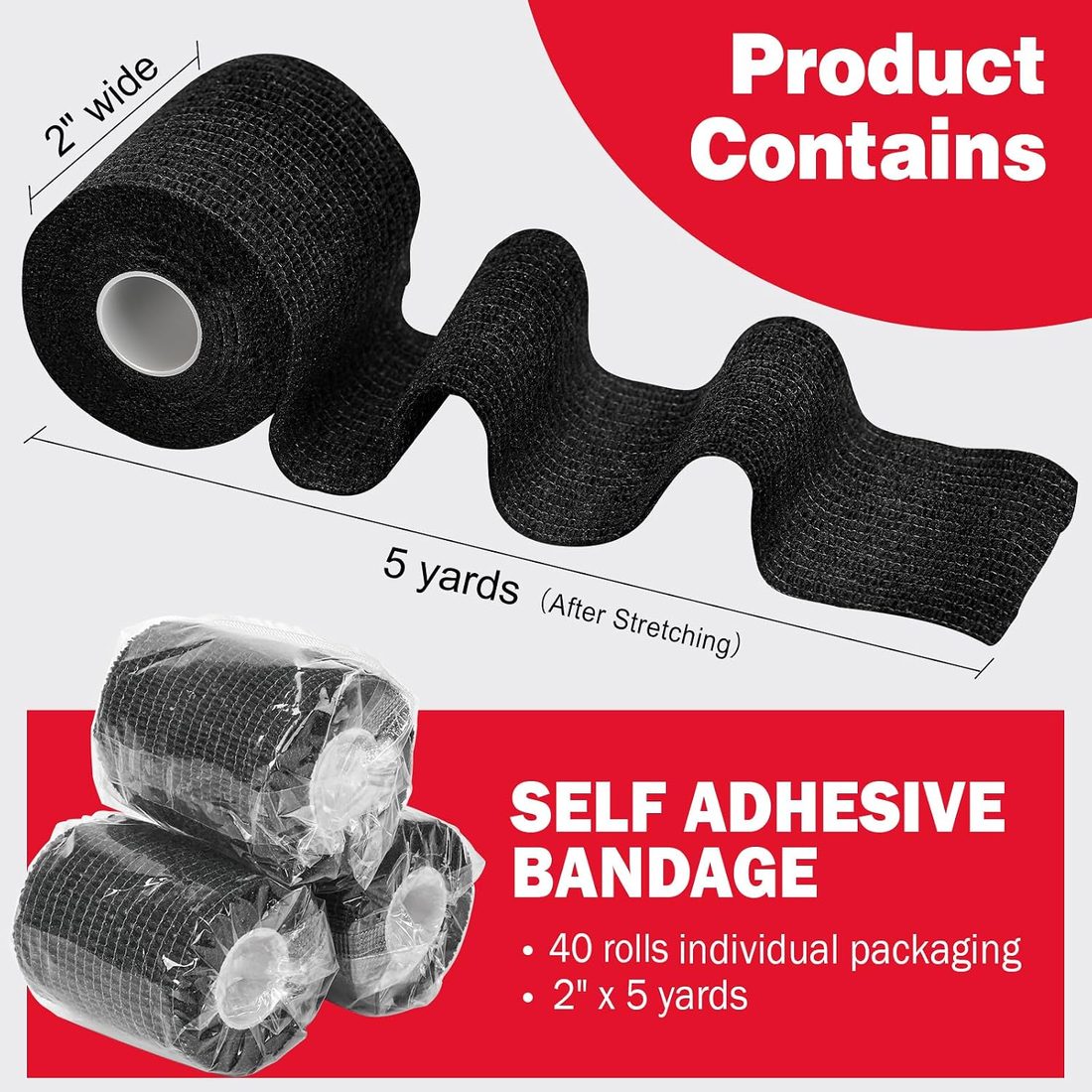 AZEN Self-Adhesive Bandage Wrap, 2 in · Black · 40 Pack, view 2