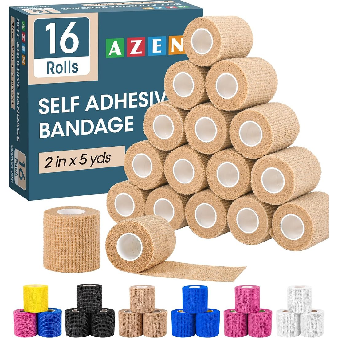 AZEN Self-Adhesive Bandage Wrap, 2 in · Skin Tone · 16 Pack