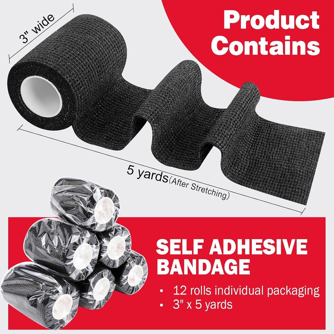 AZEN Self-Adhesive Bandage Wrap, 3 in · 12 Pack, Black, view 2