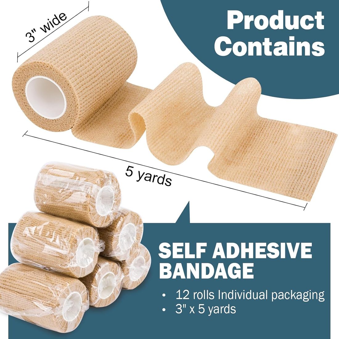 AZEN Self-Adhesive Bandage Wrap, 3 in · 12 Rolls · Skin Tone, view 2