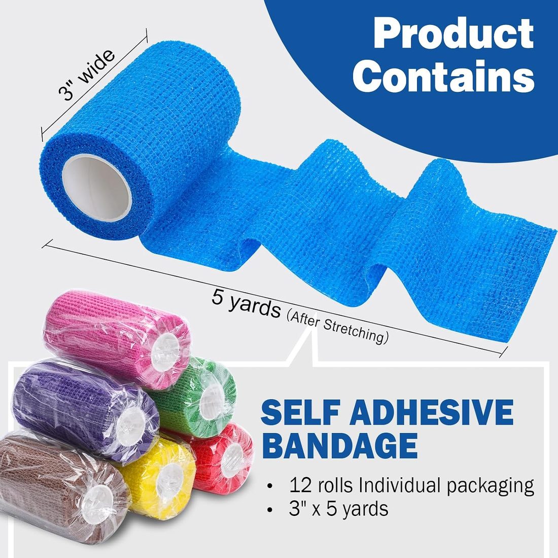 AZEN Self-Adhesive Bandage Wrap, 3 in · Assorted Colors · 12 Pack, view 2