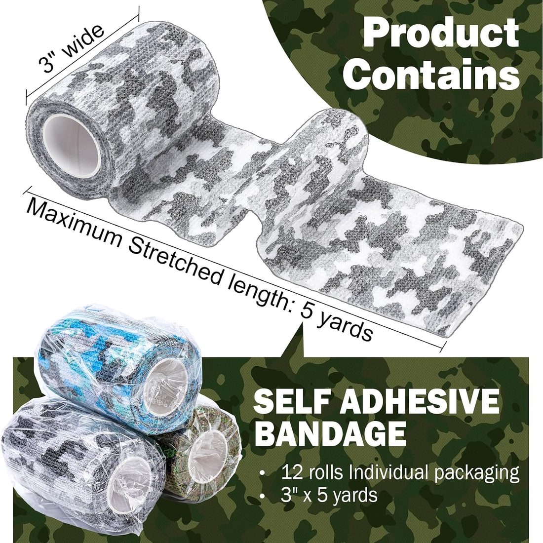 AZEN Self-Adhesive Bandage Wrap, 3 in · Camo · 12 Pack, view 2