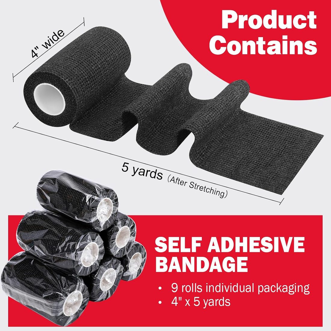 AZEN Self-Adhesive Bandage Wrap, 4 in · 9 Pack Black, view 2