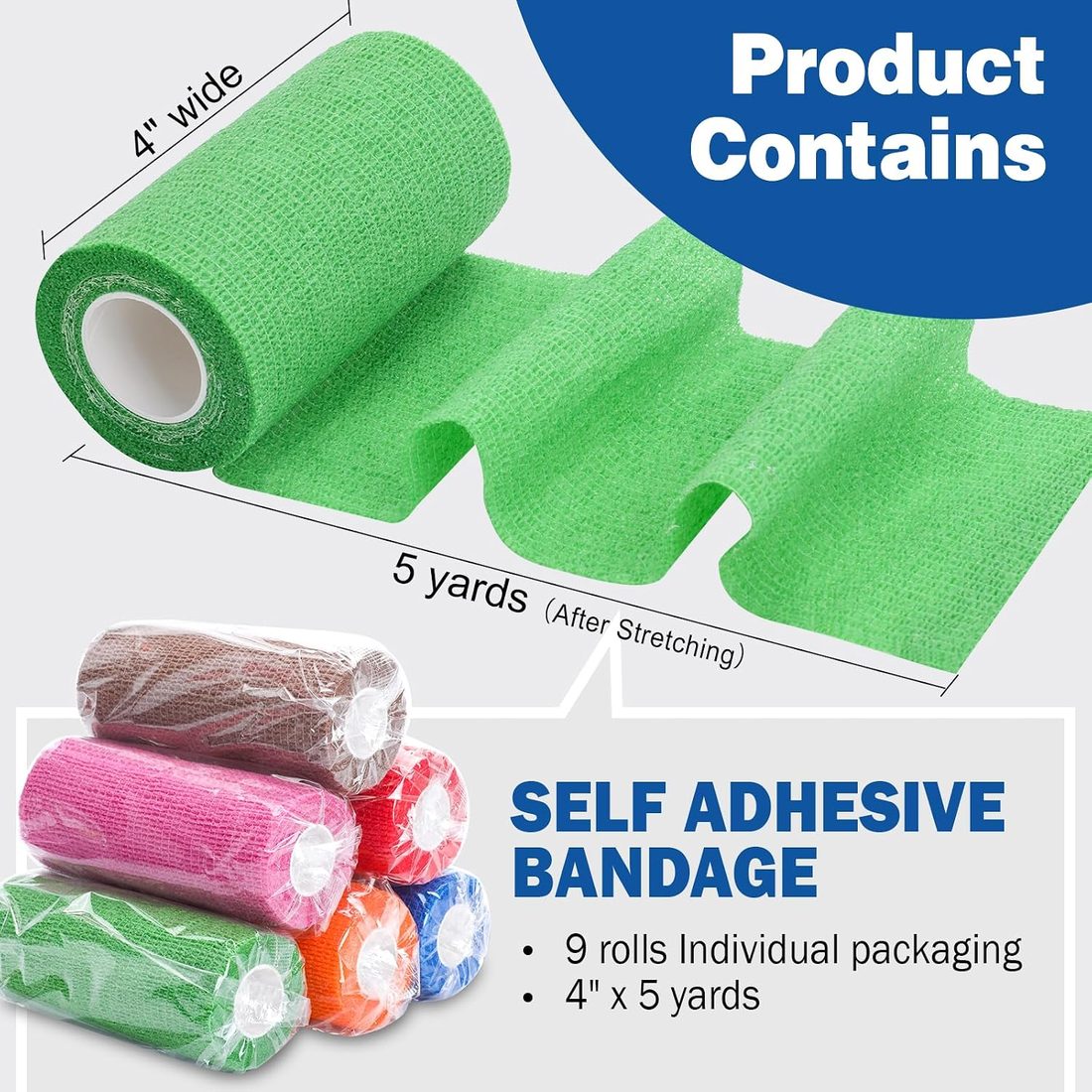 AZEN Self-Adhesive Bandage Wrap, 4 in · 9 Pack, Multicolor, view 2