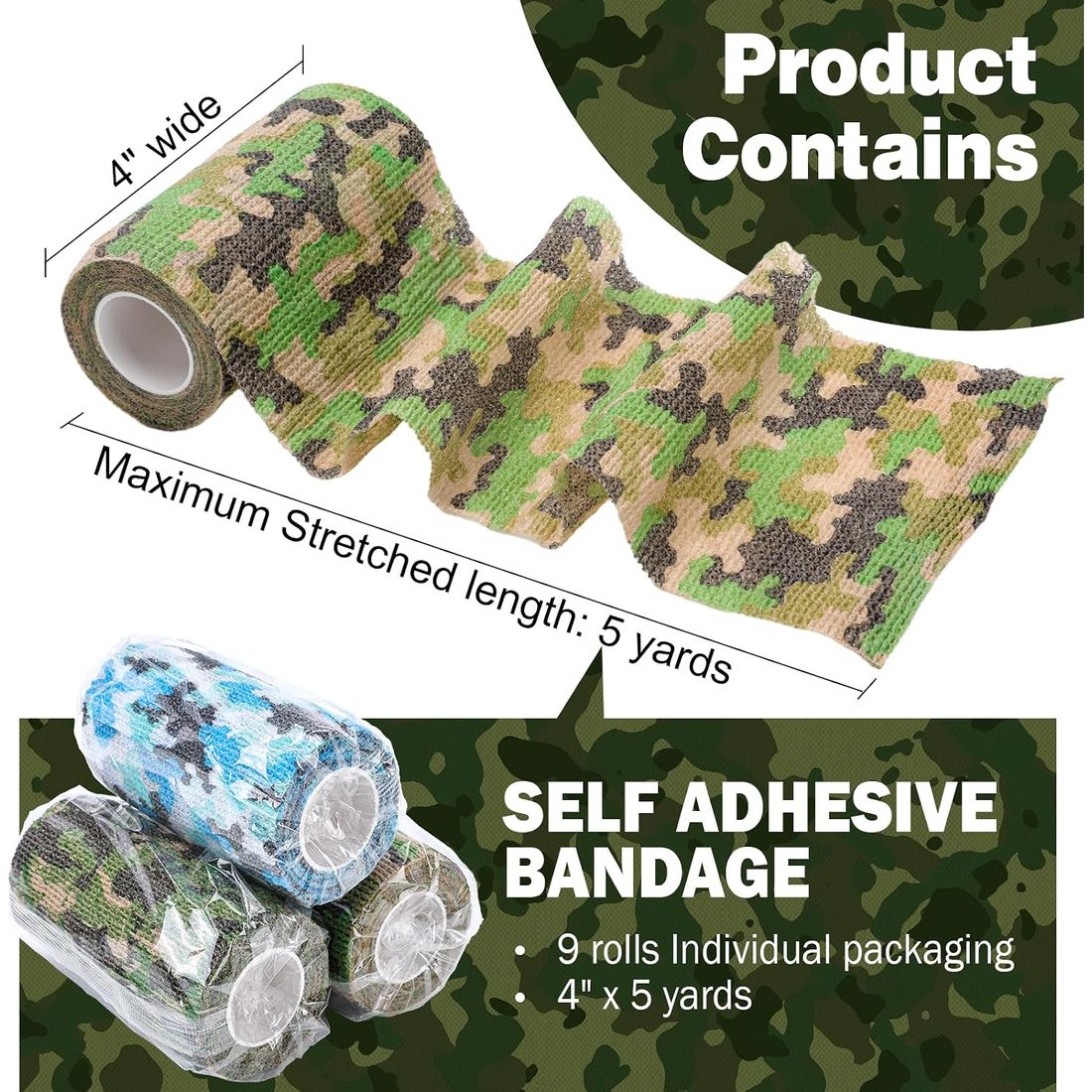 AZEN Self-Adhesive Bandage Wrap, 4 in · 9 Rolls · Camo, view 2