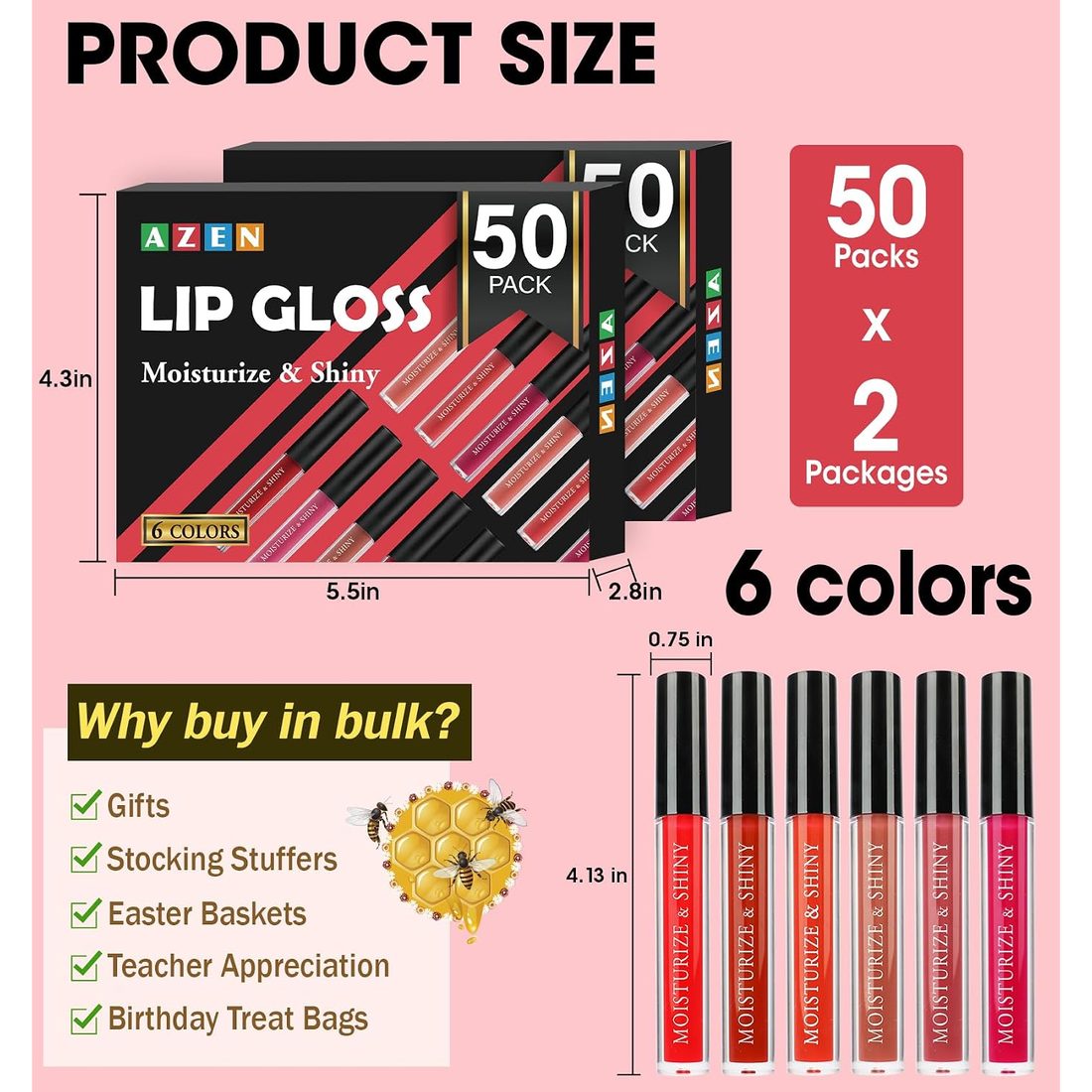 AZEN Shimmer Lip Gloss, Assorted Colors · 100 Pack, view 6