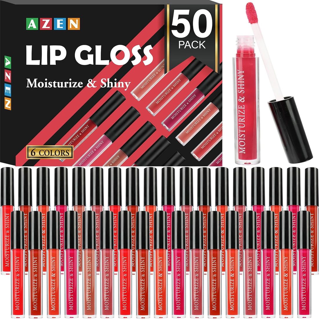 AZEN Shimmer Lip Gloss Bulk Set, 50 Pack