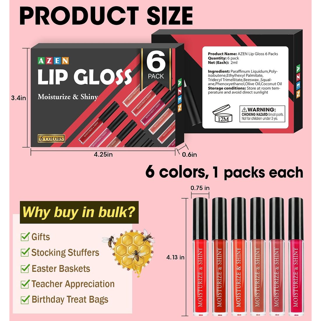 AZEN Shimmer Lip Gloss Set · 6 Pack, view 6
