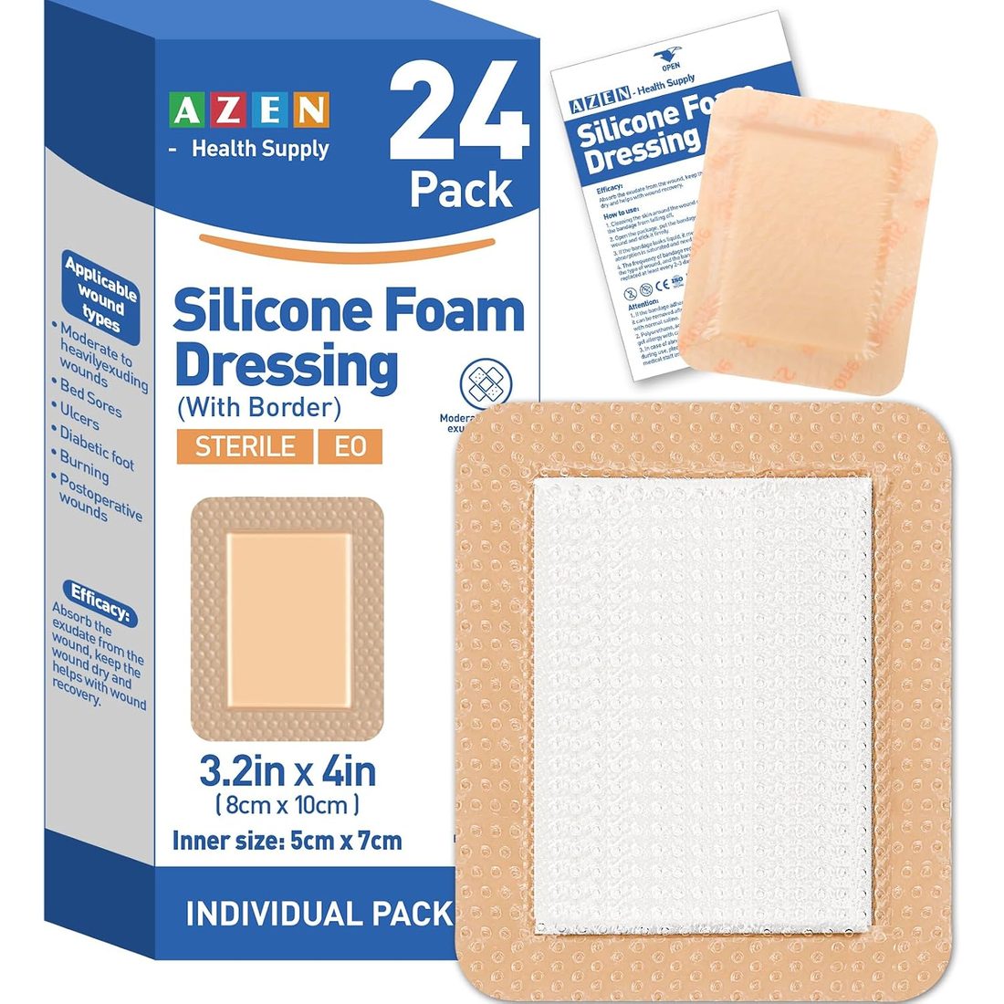AZEN Silicone Foam Border Dressing, 3.2 × 4 in · 24 Pack