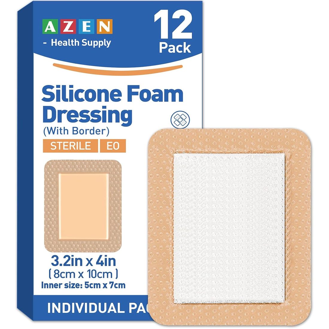 AZEN Silicone Foam Dressing, 3.2 × 4 in · 12 Pack
