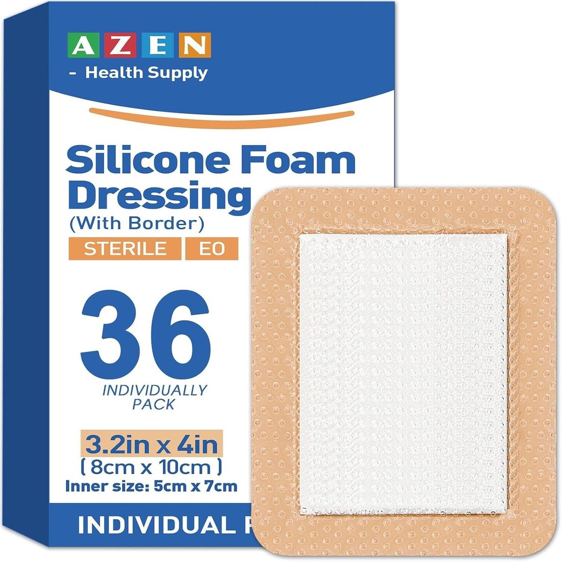 AZEN Silicone Foam Dressing, 3.2 × 4 in · 36 Pack
