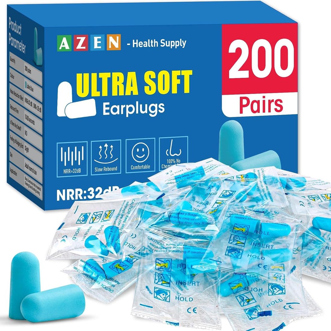 AZEN Soft Foam Earplugs, NRR 32 dB · Lake Blue · 200 Pairs