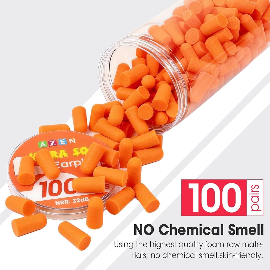 AZEN Soft Foam Earplugs, NRR 32 dB · Orange · 100 Pairs, view 6