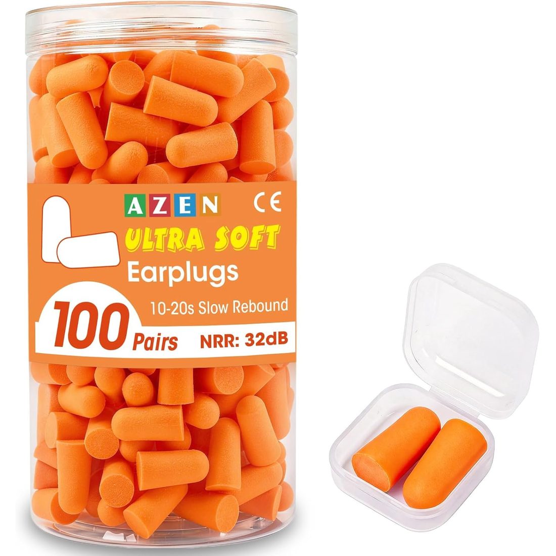 AZEN Soft Foam Earplugs, NRR 32 dB · Orange · 100 Pairs