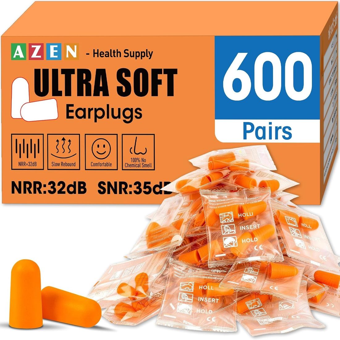 AZEN Soft Foam Earplugs, NRR 32 dB · Orange · 600 Pairs