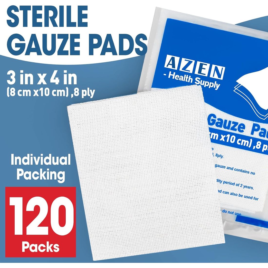 AZEN Sterile Gauze Pads, 3 × 4 in · 120 Count, view 2