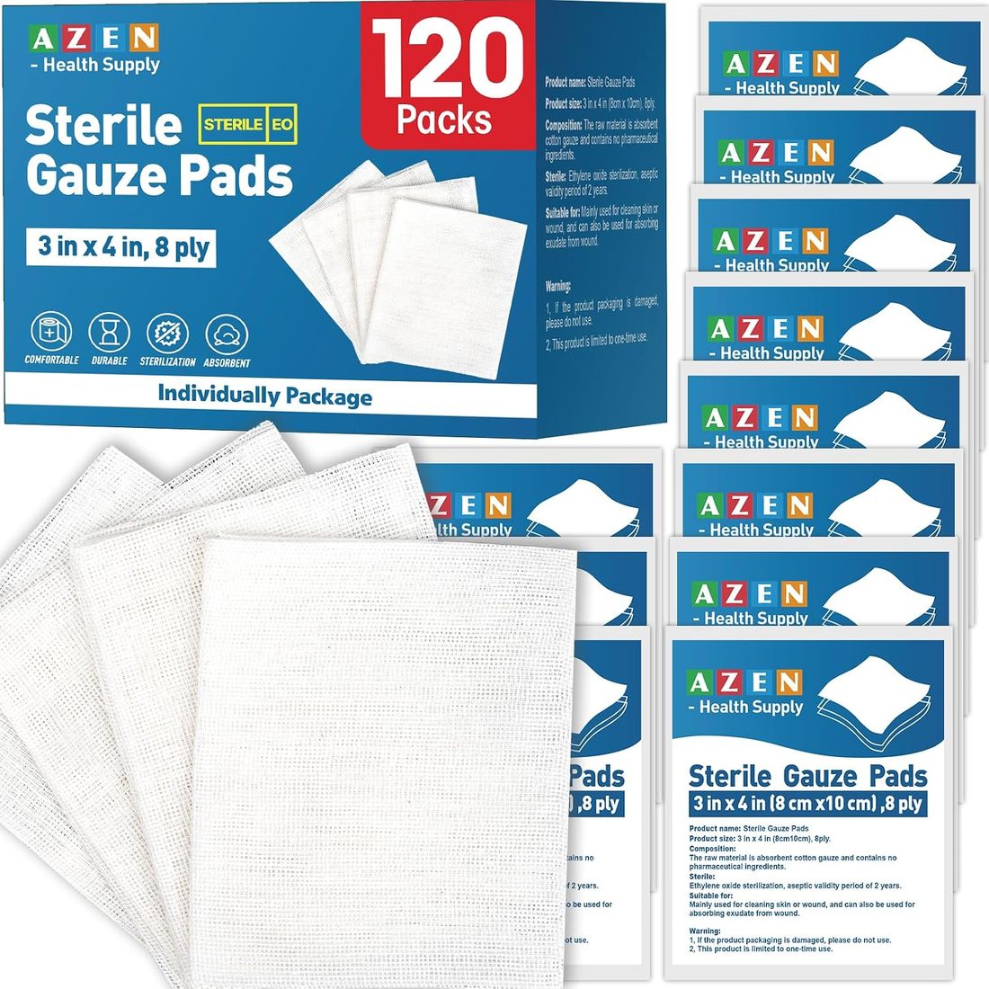 AZEN Sterile Gauze Pads, 3 × 4 in · 120 Count