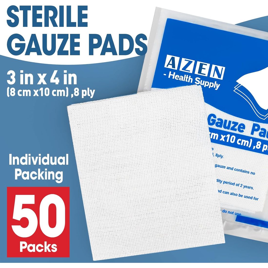 AZEN Sterile Gauze Pads, 3 × 4 in · 50 Pack, view 2