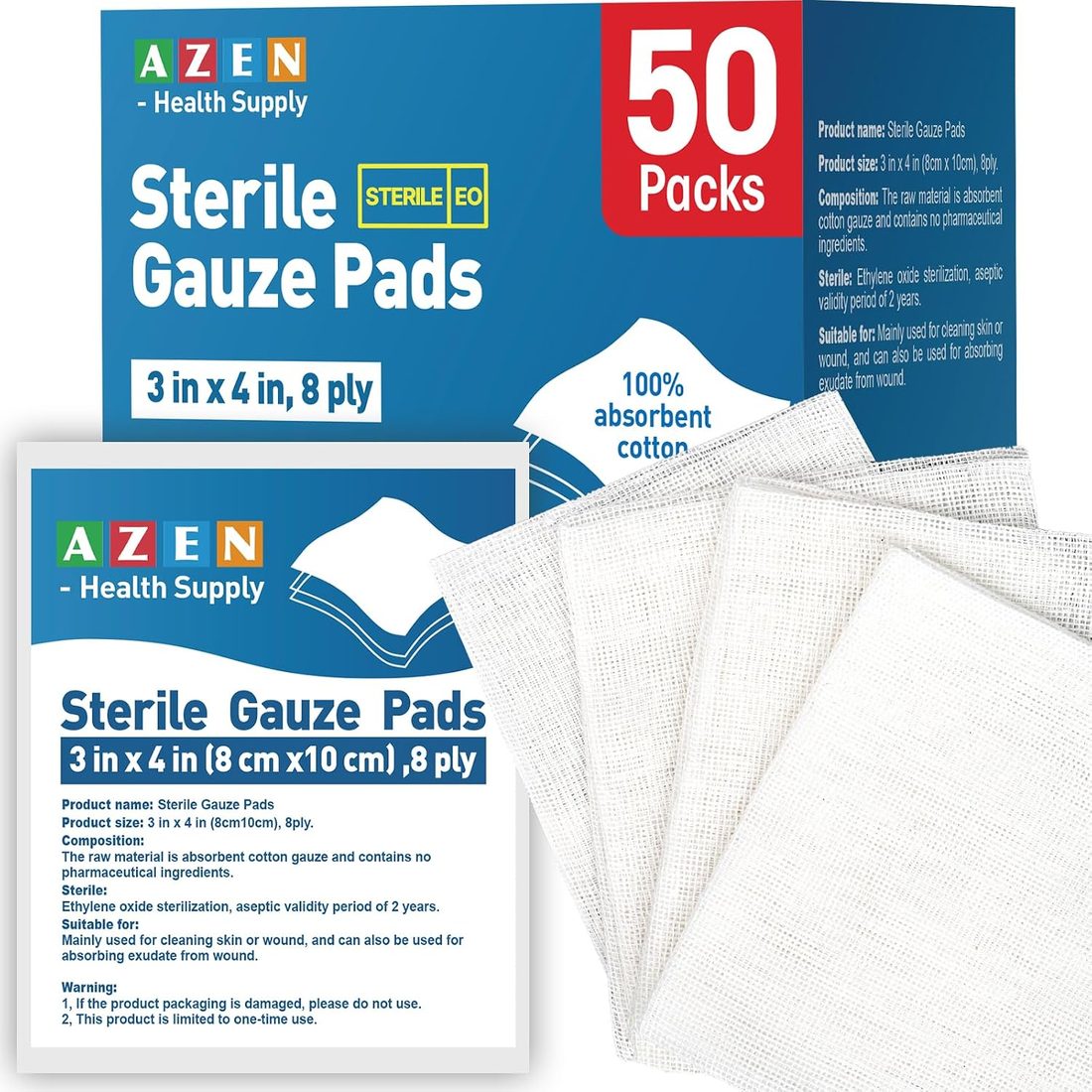 AZEN Sterile Gauze Pads, 3 × 4 in · 50 Pack