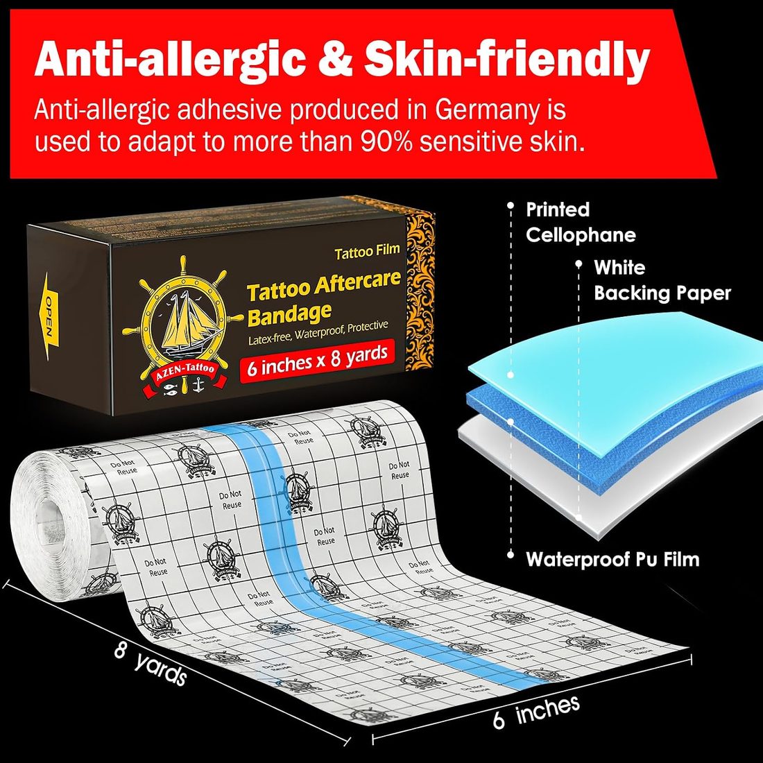 AZEN Tattoo Aftercare Film, 6 in × 8 yd Roll, view 2