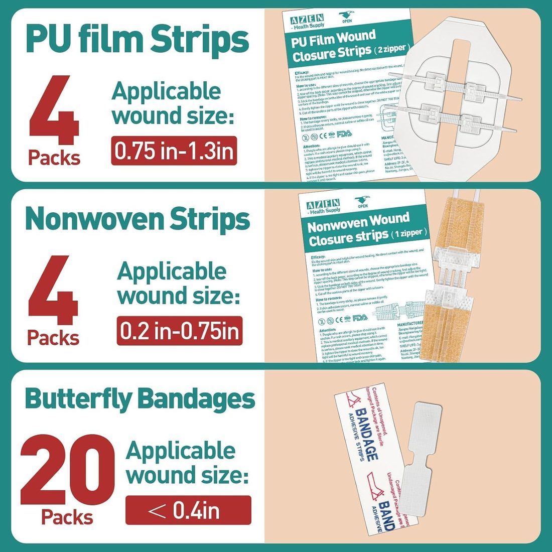 AZEN Wound Closure Kit, 3 Types · 28 Pieces, view 2