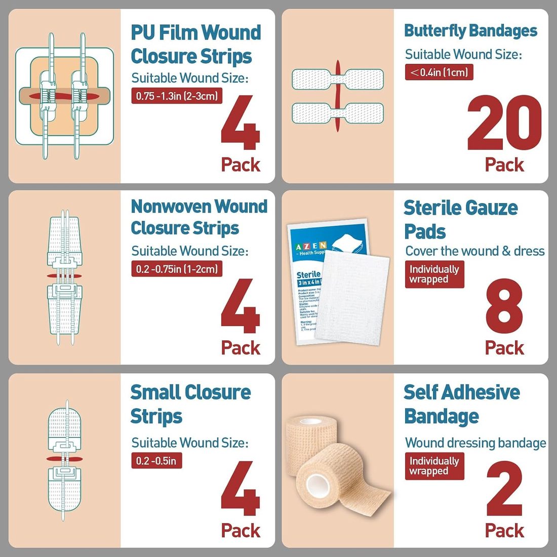 AZEN Wound Closure Kit, 4 Types · 42 Pieces, view 2