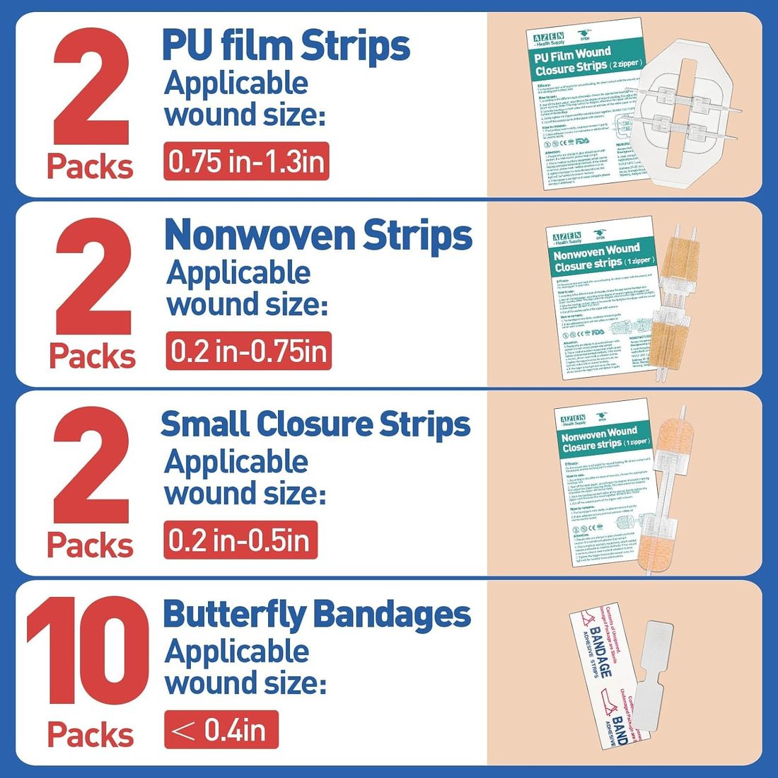AZEN Wound Closure Kit · 10 Butterfly Strips + 6 Zip Closures, view 2
