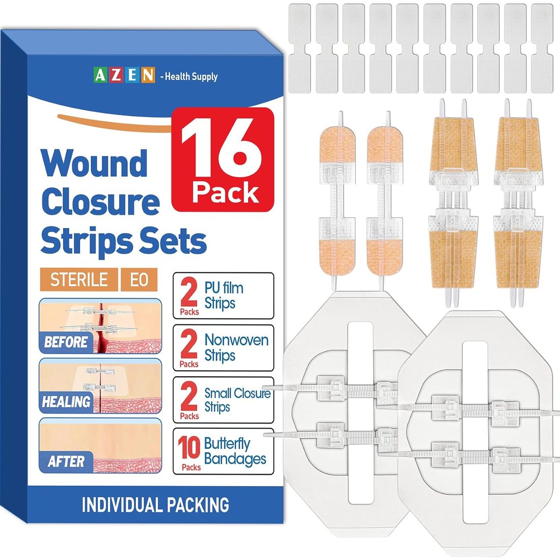 AZEN Wound Closure Kit · 10 Butterfly Strips + 6 Zip Closures