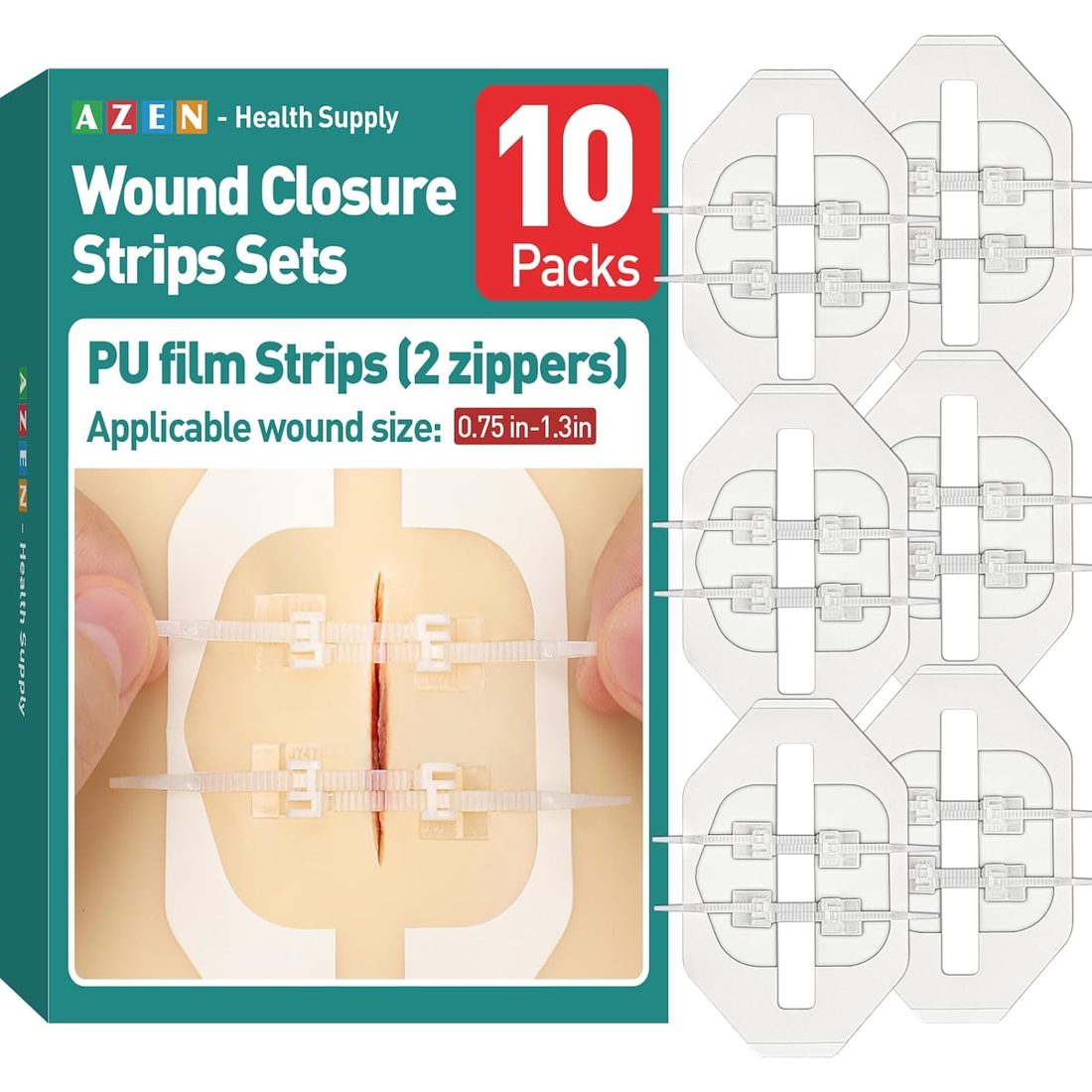 AZEN Zip-Stitch Wound Closure Devices, 10 Count