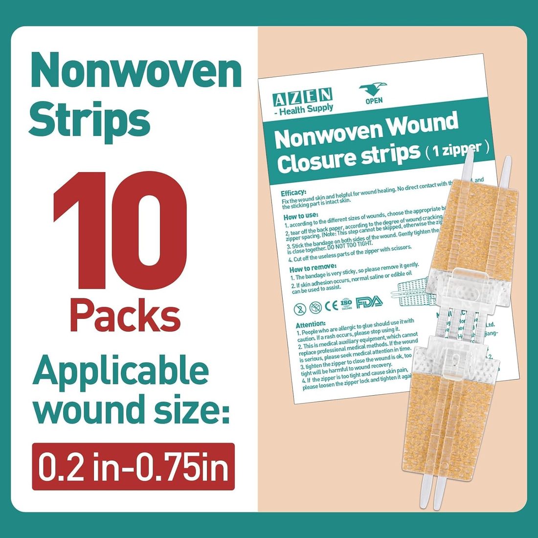 AZEN Zip-Style Wound Closure Strips · 10 Pack, view 2