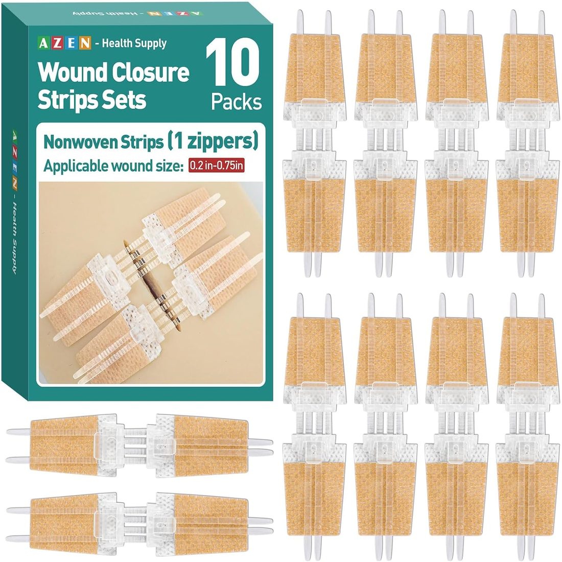 AZEN Zip-Style Wound Closure Strips · 10 Pack