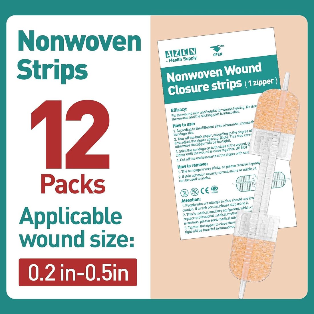 AZEN Zip-Style Wound Closure Strips · 12 Pack, view 2